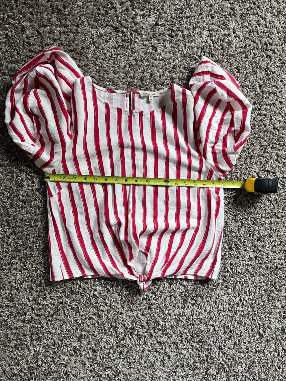 Bleu Ciel Red White Striped Puff Sleeve Tie‎ Front Crop Top Blouse Womens Medium - Picture 4 of 6